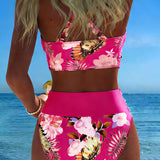 Costume da bagno a bikini con stampa floreale a contrasto e spacco