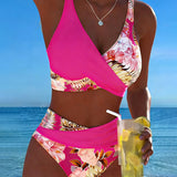Costume da bagno a bikini con stampa floreale a contrasto e spacco