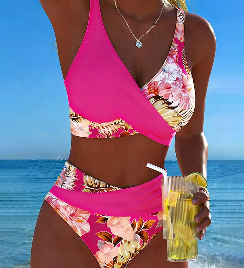 Costume da bagno a bikini con stampa floreale a contrasto e spacco