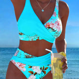 Costume da bagno a bikini con stampa floreale a contrasto e spacco
