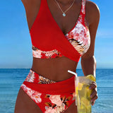Costume da bagno a bikini con stampa floreale a contrasto e spacco