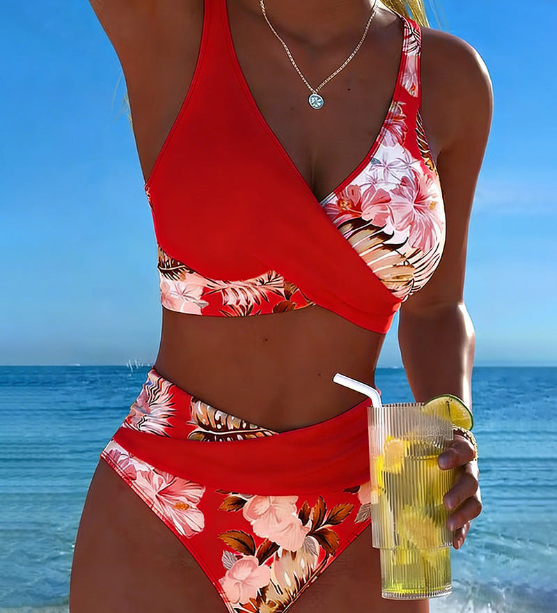 Costume da bagno a bikini con stampa floreale a contrasto e spacco