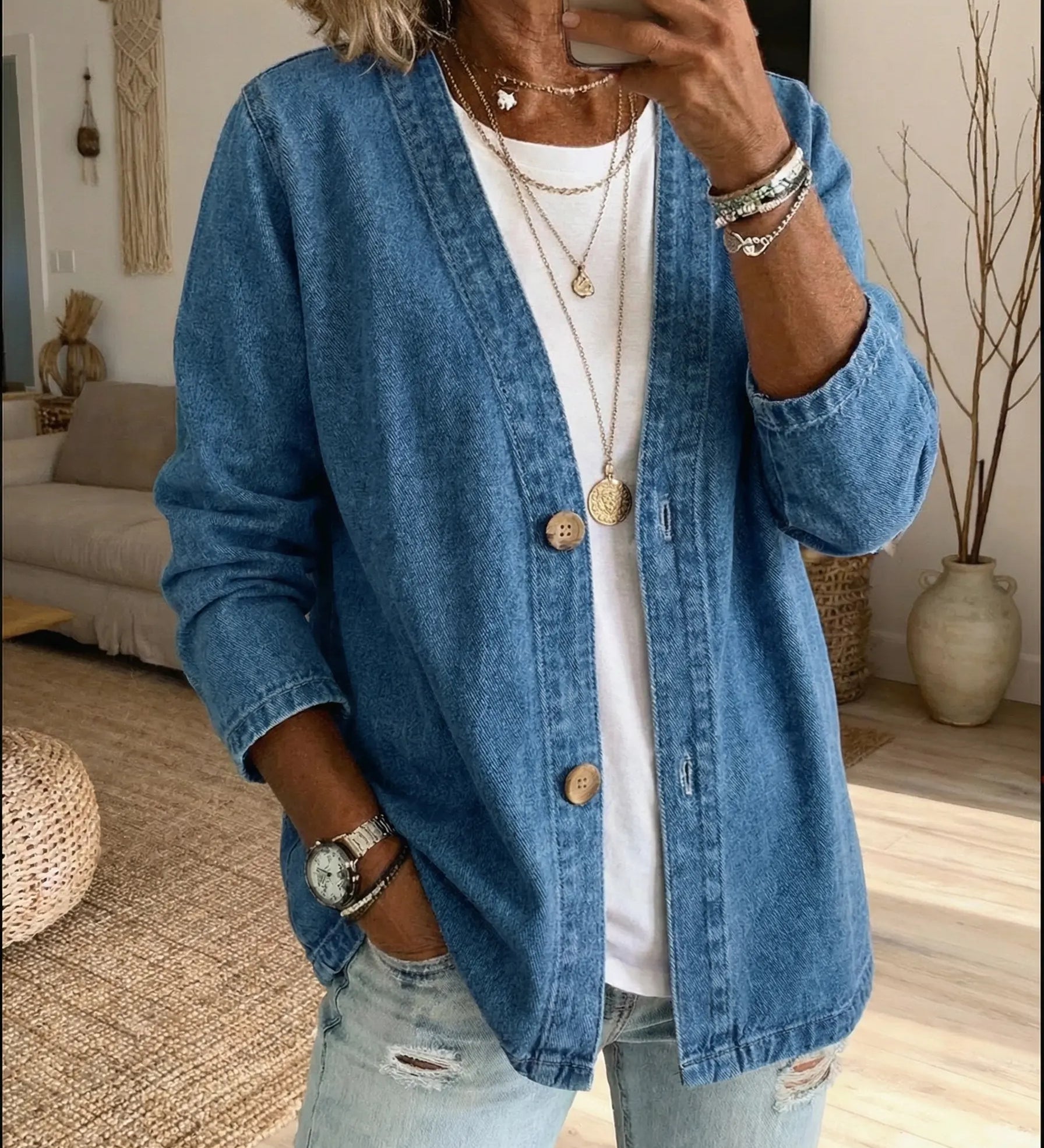 Classico Cappotto in Denim con Chiusura a Bottoni
