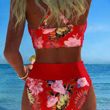 Costume da bagno a bikini con stampa floreale a contrasto e spacco