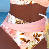 Costume da bagno a bikini con stampa floreale a contrasto e spacco
