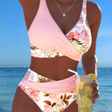 Costume da bagno a bikini con stampa floreale a contrasto e spacco