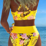 Costume da bagno a bikini con stampa floreale a contrasto e spacco