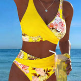 Costume da bagno a bikini con stampa floreale a contrasto e spacco