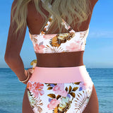 Costume da bagno a bikini con stampa floreale a contrasto e spacco
