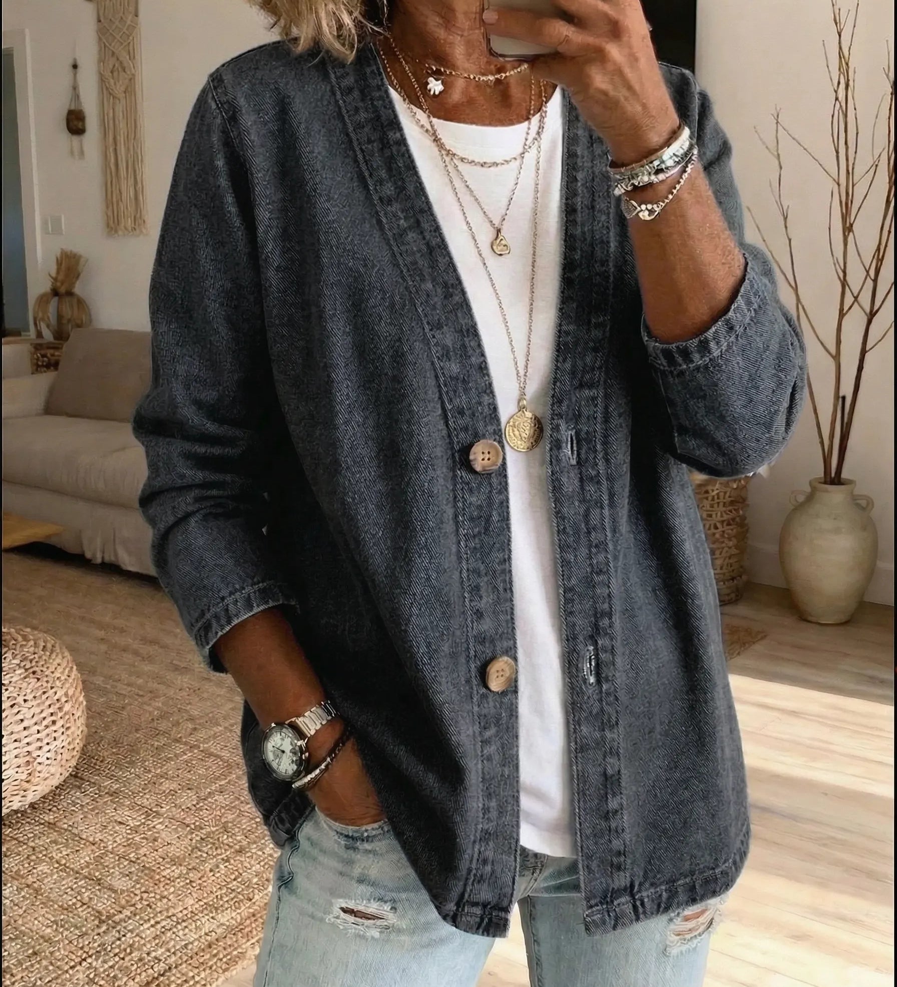 Classico Cappotto in Denim con Chiusura a Bottoni