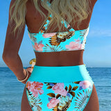 Costume da bagno a bikini con stampa floreale a contrasto e spacco