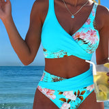 Costume da bagno a bikini con stampa floreale a contrasto e spacco