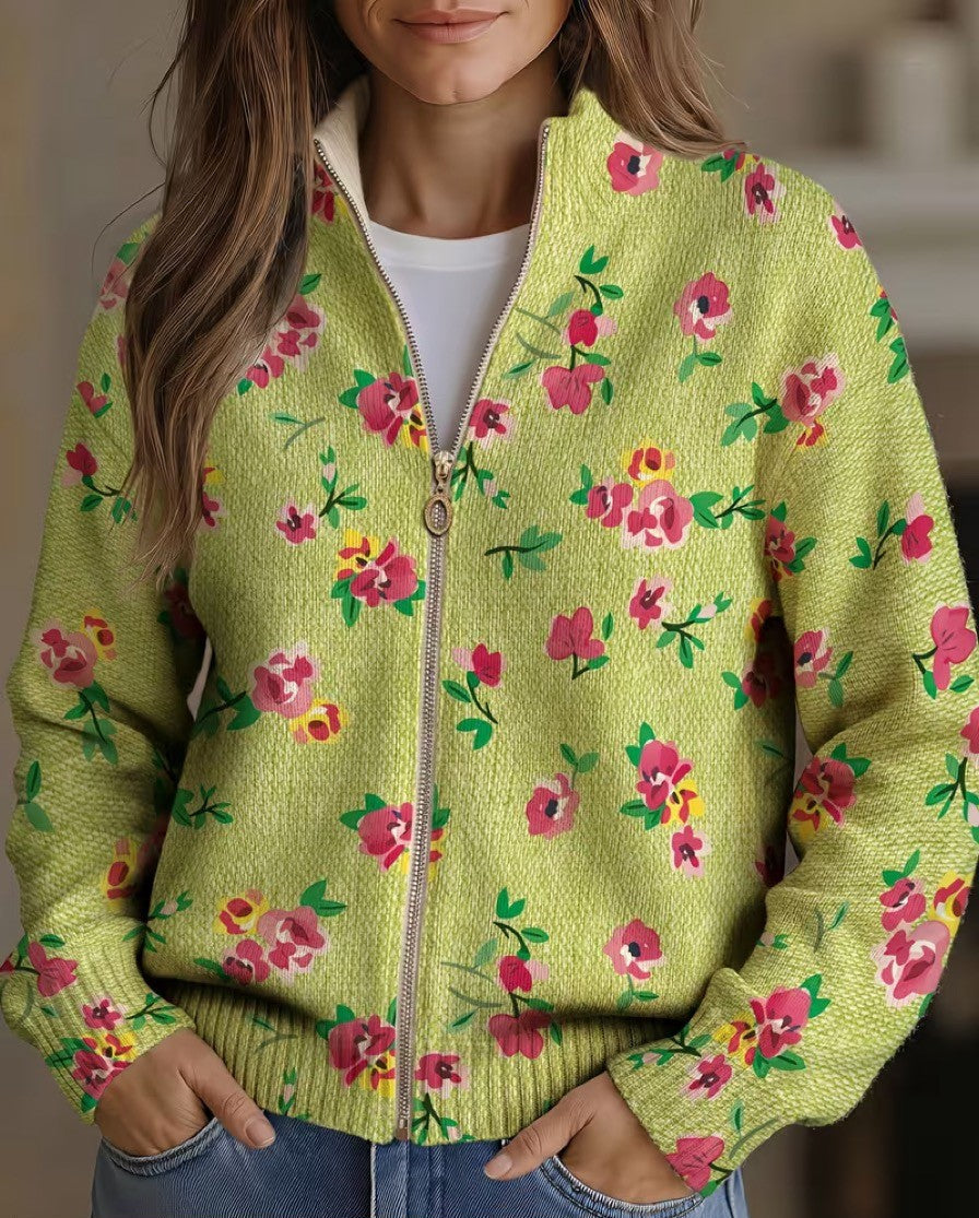 Constance™ | Cardigan Rosa Lime con Zip e Motivo Floreale