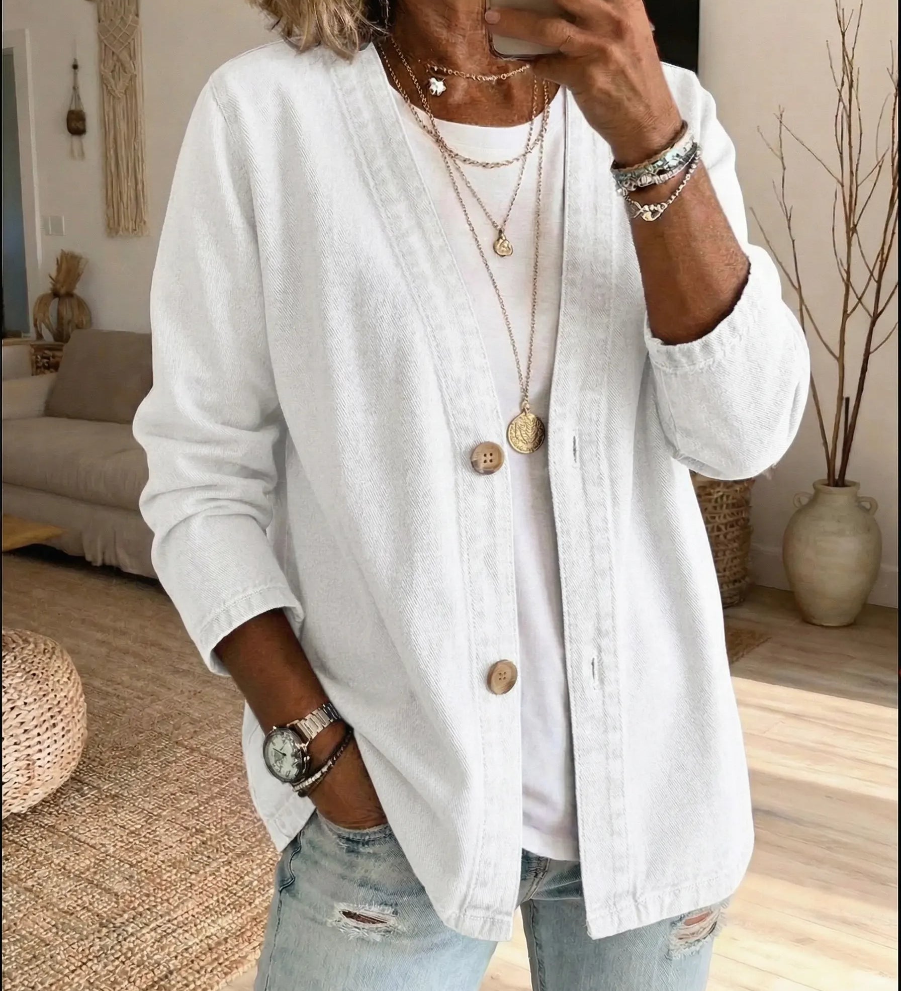 Classico Cappotto in Denim con Chiusura a Bottoni