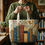 Borsa artigianale trapuntata con libri e fiori